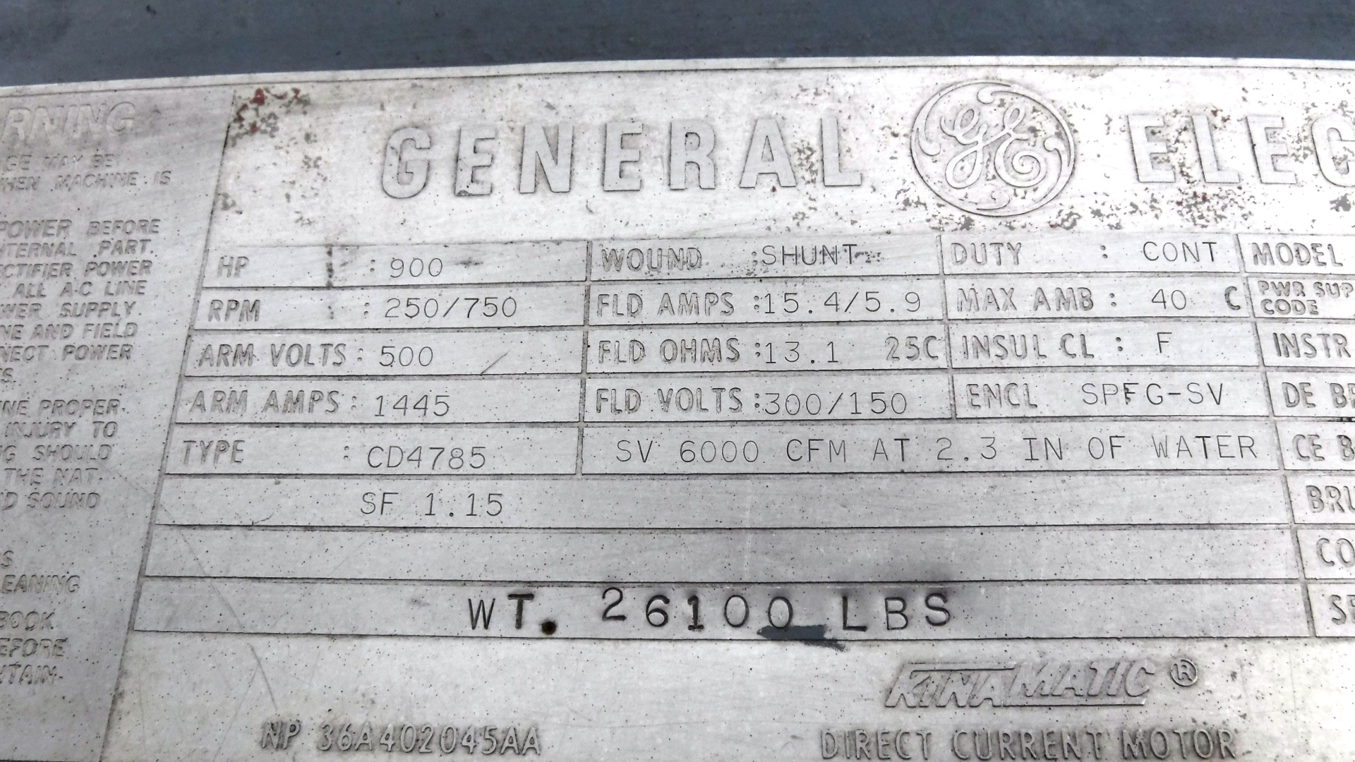 General Electric 900 HP 250/750 RPM 4785 DC Motors 81204